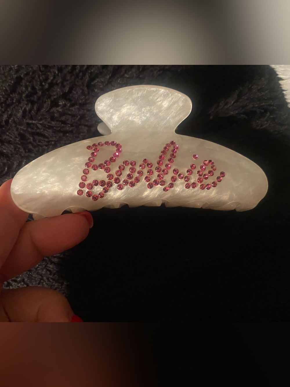 Kitsch White Pearl Hair Claw with Pink Crystal 'Barbie' Script